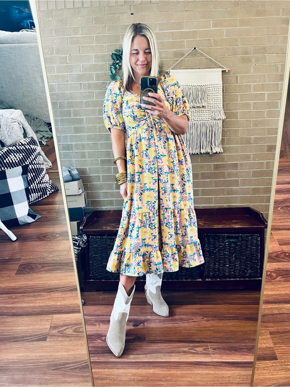 Floral Lace-Up Midi Dress in Yellow and Pink